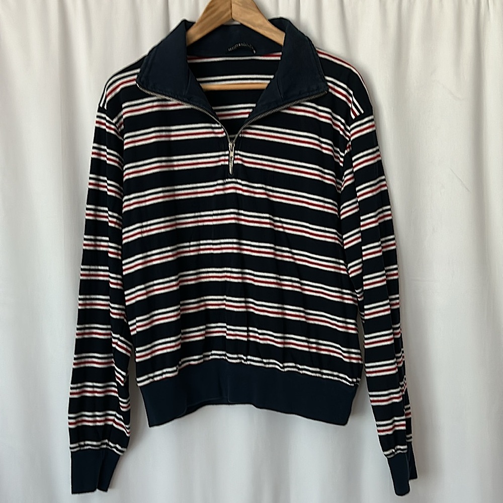 Brandy Melville Navy Blue Striped Zip Up Long Sleeve Shirt Top **Oversized** - Picture 1 of 4